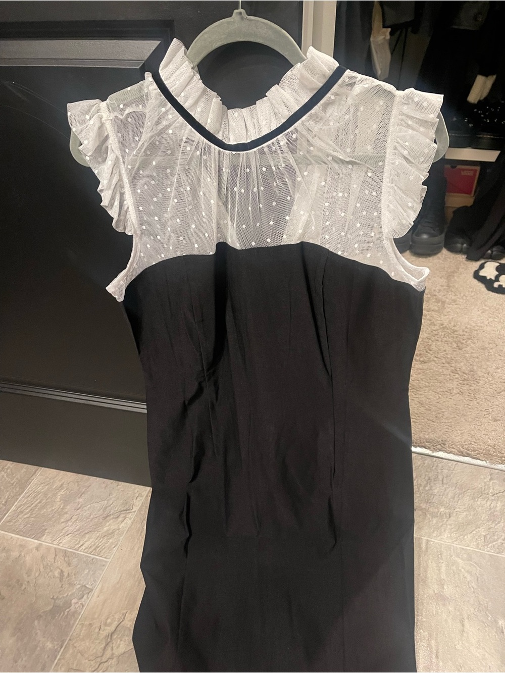 Katakomb Black and White Dot Mesh Ruffle Neck Women's Top